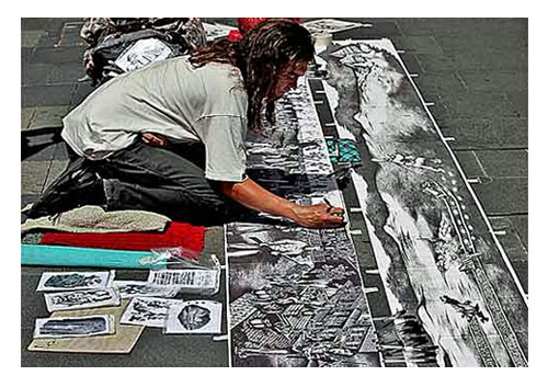 James Kite busking in the streets drawing a panorama with ballpoint